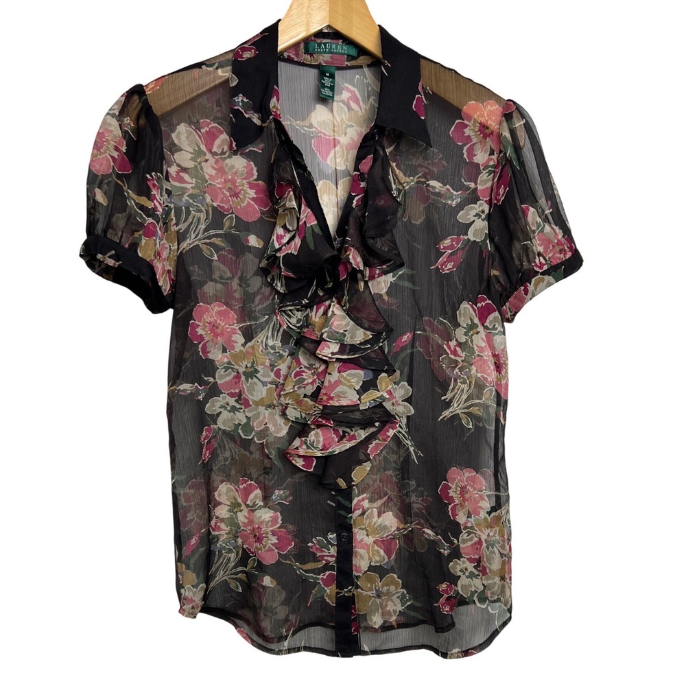Lauren Ralph Lauren Blouse Womens Med Blk Pink Floral Ruffle Sheer‎ Chiffon B44